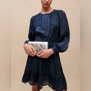 Maje Embroidered Satin Navy Blue Dress